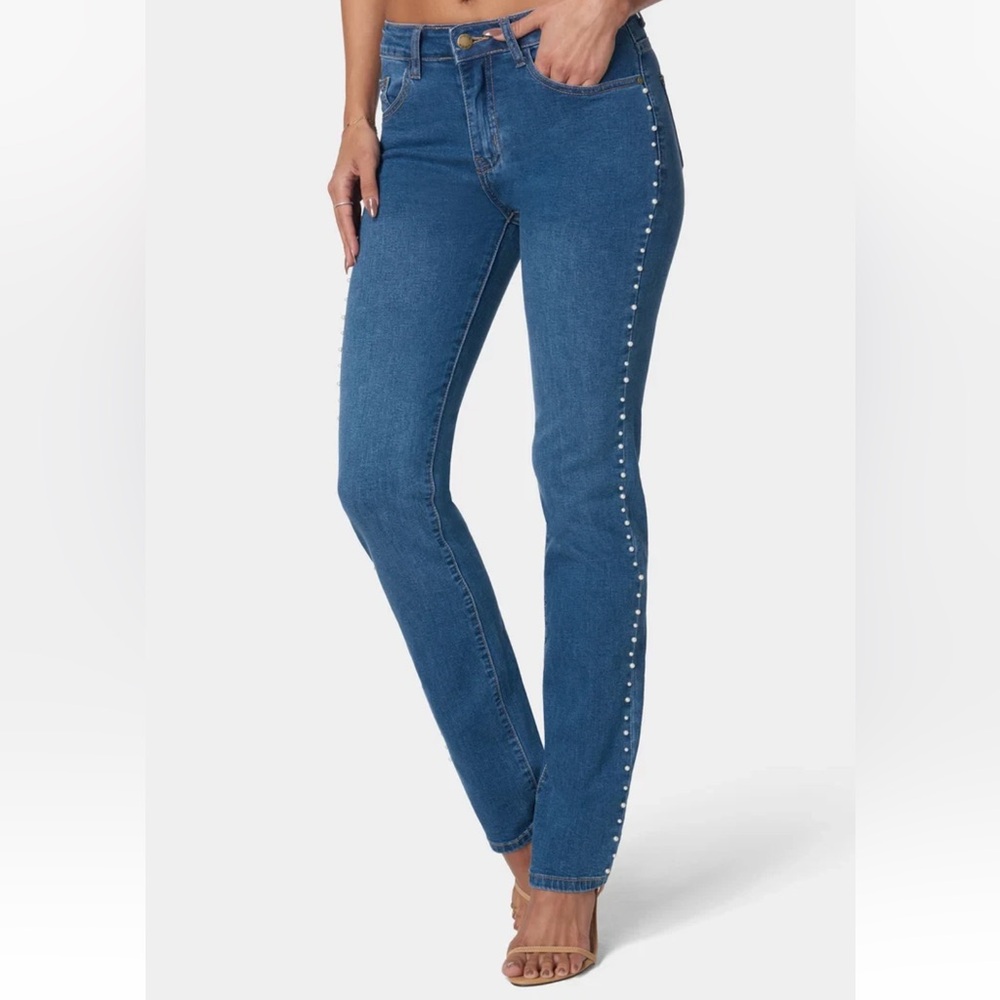 NEW! NWT BEBE The Bling String Pearl Embellished Straight Leg Jeans Size 25